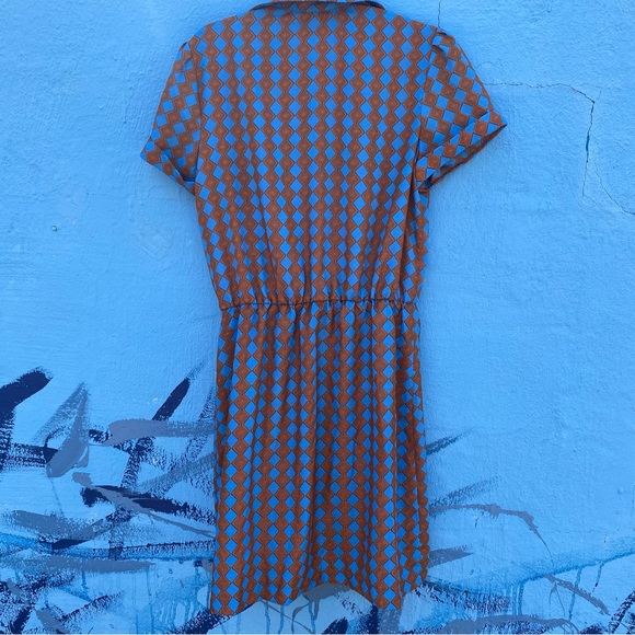 Blue and orange retro style midi dress rolled short sleeve button front size 14P - Picture 5 of 10